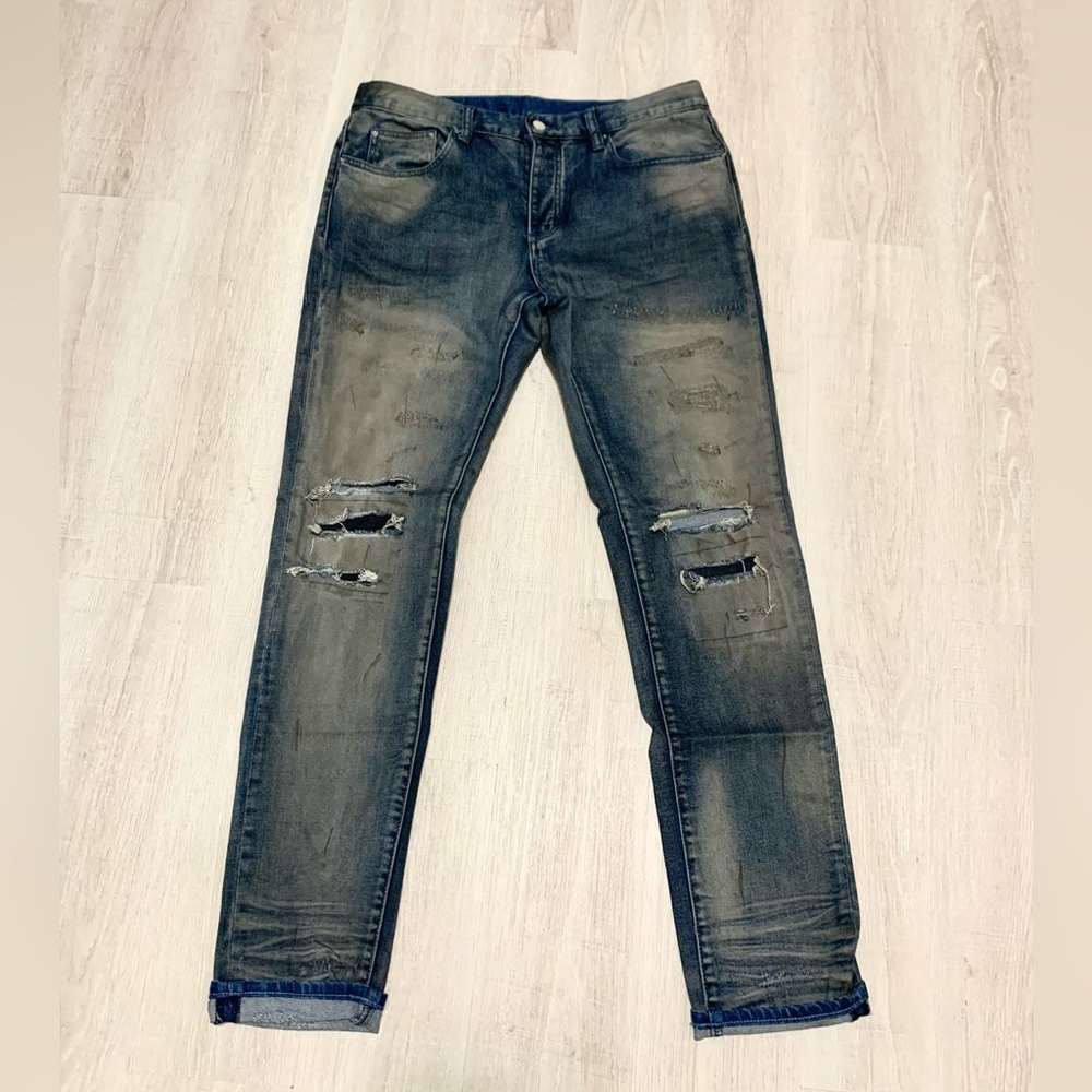 MNML Streetwear Jeans Distressed Blue Denim Sz 34 - Picture 7 of 12
